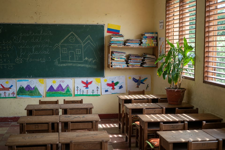An empty community classroom with small wooden desks, a chalkboard and children's paintings pinned to the wall