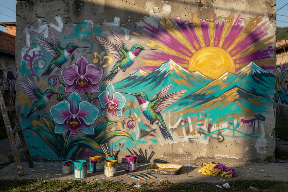 A community mural of hummingbirds and mountains painted on a concrete wall in a Colombian barrio
